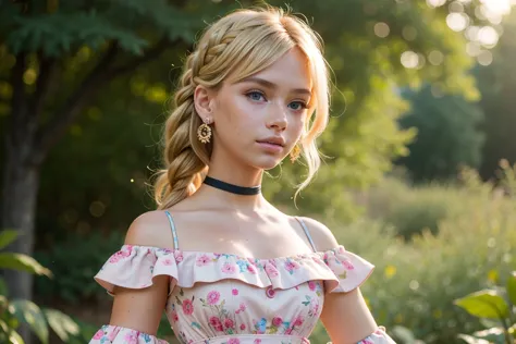 (masterpiece, best quality), 1girl, intricate details, print, earrings, freckles, upper body, bokeh, dappled sunlight, blonde, off shoulder, high-waist skirt, choker, looking at viewer, french braid, bangs, clothing cutout, glitter, particles, strap slip, barbie, pink dress