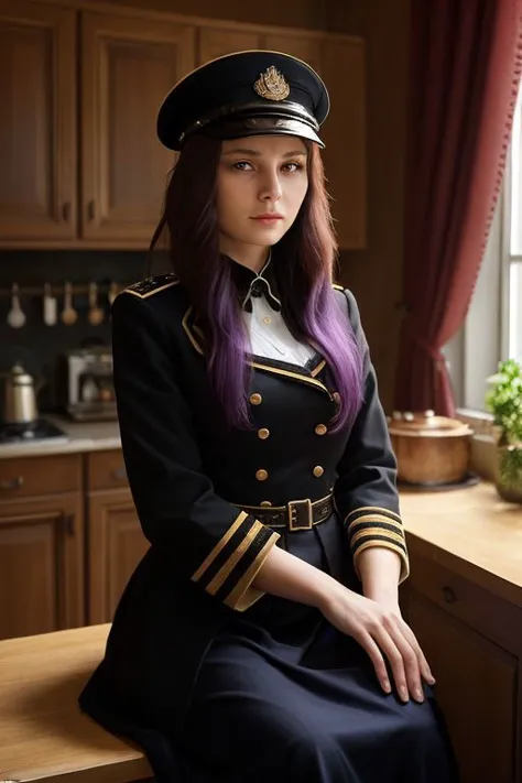 arafed woman in uniform sitting on a counter in a kitchen