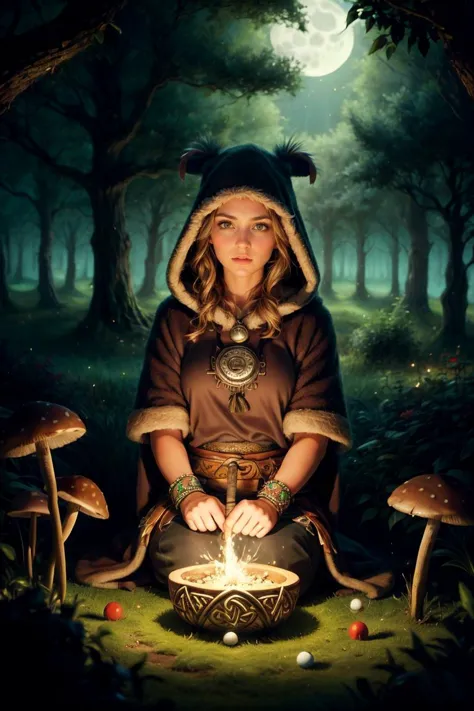 (best quality, masterpiece:1.3), 1 girl, adult  woman,  black eyes, gray blowout hair,,  Pretending to swing a golf club, character focus portrait, solo, (full body:0.6), looking at viewer, detailed background, detailed face, (tribal celtic barbarian theme:1.1),  forest druid, wearing natural colored brown  robes, hood, fur-lined,  feathers,  healing magic, spell,     floating particles,    roots, branches, stones,  mushrooms,  bushes, moonlight, filtered light, sacred grove in background, ethereal  atmosphere, , <lora:CnCGDIAIv2:0.6>, CnCGDIAI, <lora:add_detail:1>,