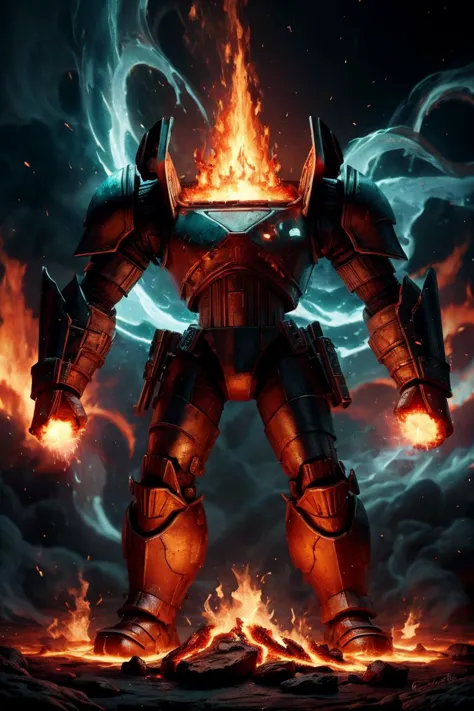 a poster of a giant robot with flames coming out of it