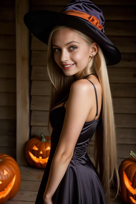 1girl, 16yo, skinny, (sexy halloween costume), (cleavage), (cute,sweet,big eyes), (smile), platinum blonde hair, straight hair, ...