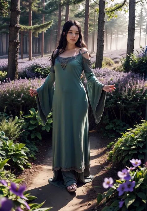 a woman in a green dress standing in a garden