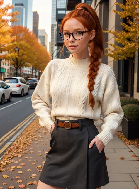 (medium shot:1.4), woman, long hair, (pale skin:1.1), (smirk:0.5), (white knit sweater:1.2), (black canvas skirt:1.3), pantyhose, glasses, eyeglasses, one hand on hip, hand on waist, (autumn, fall colors, leaves falling:1.25), (beautiful, gorgeous:1.2), (redhead, ginger hair:1.3), (braided ponytail:1.3), (looking at viewer:1.4), detailed background, standing on the sidewalk, parked cars, (city skyscrapers:1.2), RAW photo, subject, 8k uhd, dslr, soft lighting, high quality, film grain, Fujifilm XT3, (fcPortrait:1.25)