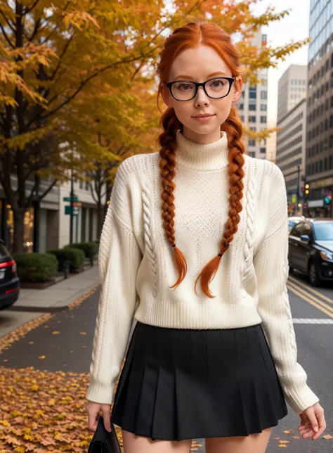 (medium shot:1.4), woman, long hair, (pale skin:1.1), (smirk:0.5), (white knit sweater:1.2), (black canvas skirt:1.3), pantyhose, glasses, eyeglasses, one hand on hip, hand on waist, (autumn, fall colors, leaves falling:1.25), (beautiful, gorgeous:1.2), (redhead, ginger hair:1.3), (braided ponytail:1.3), (looking at viewer:1.4), detailed background, standing on the sidewalk, parked cars, (city skyscrapers:1.2), RAW photo, subject, 8k uhd, dslr, soft lighting, high quality, film grain, Fujifilm XT3, (fcPortrait:1.25)