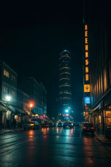 a view of a city street at night with a tall building in the background