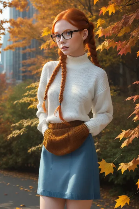 arafed woman with red hair and glasses standing in front of a tree