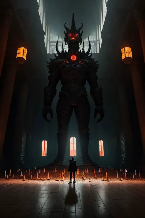 Interior of a giant temple, a kilometer-high ceiling, small square windows on the higher levels, empty on the inside, darkly lit, torches of fire on the ground, giant statue with glowinf red eyes in the distance, looking for viwer, creepy atmosphere, detailed, asymatric layout