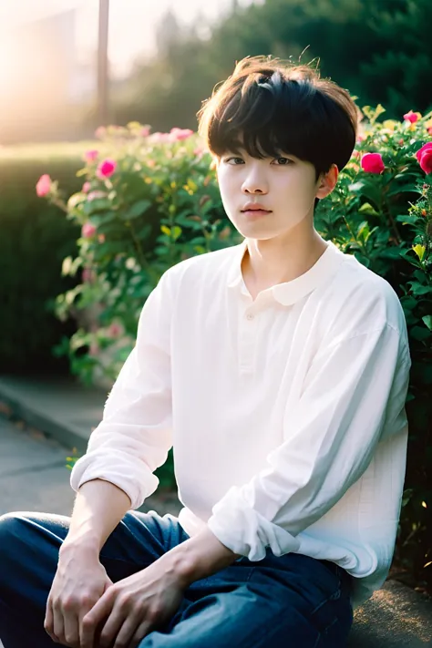 a close up of a person sitting on a curb near a bush