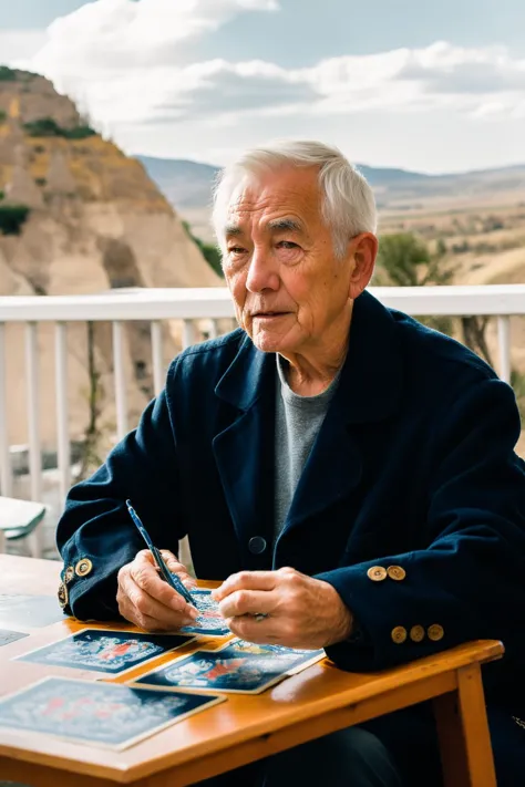 arafed man sitting at a table with a magazine and pen