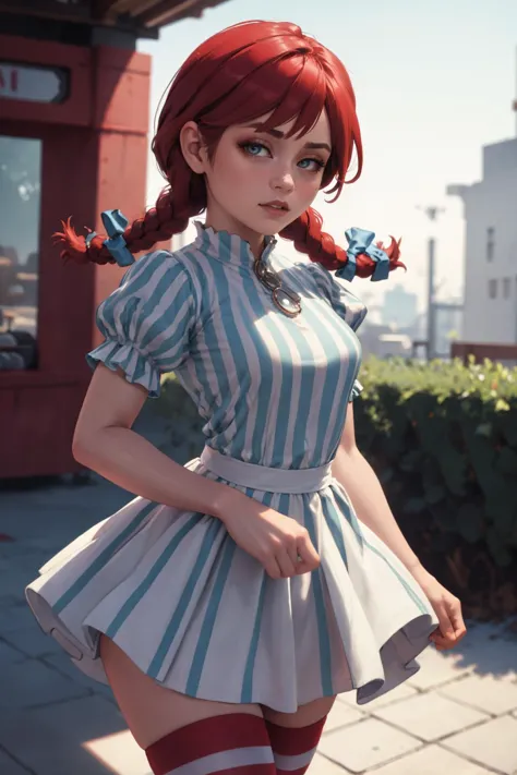 masterpiece, best quality, 8K RAW photo, film grain, bokeh, fitness, <lora:fastfood_wendys-10:.8> ffwendys, twin braids, hair bow, striped dress, striped sleeves, puffy sleeves, striped thighhighs <lyco:EnvyBeautyMix42:1>