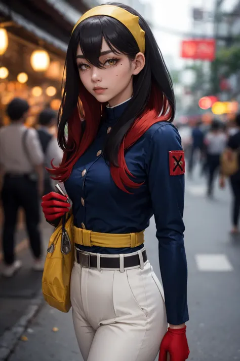 masterpiece, best quality, 8K RAW photo, film grain, bokeh, glamour <lora:pokemon_carmine-10:.8> pokemoncarmine, mole under eye, hairband, blue jacket, long sleeves, red gloves, pants, belt, Phuket, Thailand