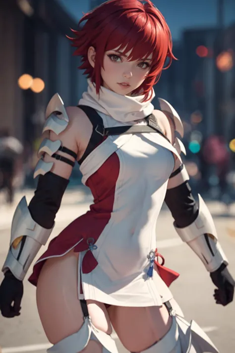 masterpiece, best quality, 8K RAW photo, film grain, bokeh, erotic, <lora:hinoka-nvwls-v1-final:.8> hinoka, short dress, white scarf, shoulder armor, vambraces, garter straps, thigh boots, red gloves