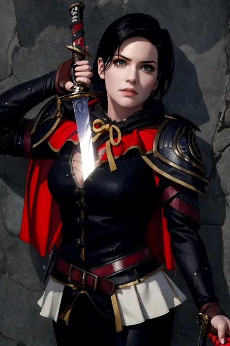 High Quality, Masterpiece, 1girl, syanna, black suit, shoulder armor, long sleeves, gloves, short hair, black hair, red capelet, (booba sword:1.2), cleavage, sword, holding sword, electricity, 