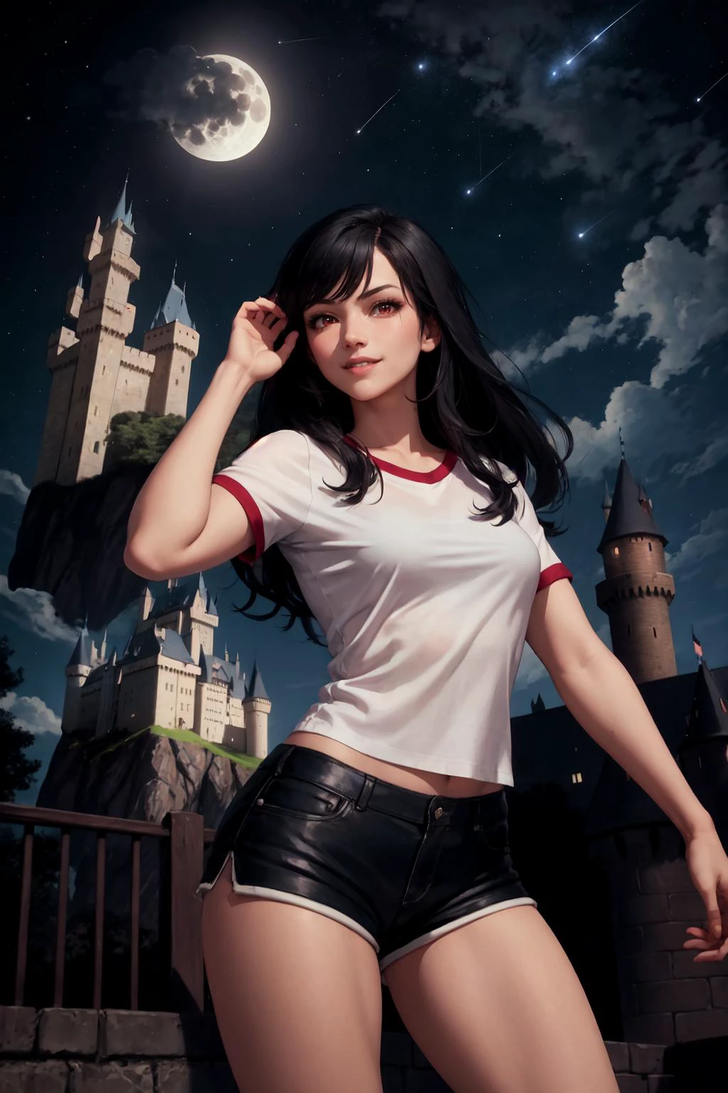 Highly detailed, High Quality, Masterpiece, beautiful, 1girl, solo, black hair, long hair, red eyes, shirt, white shirt, shorts, short shorts, black shorts, cloud, moon, Hogwarts, (castle hill:1.4), night sky, stand on street, shooting star, (strong pose:1.4), looking at viewer, seductive smile, cowboy shot,