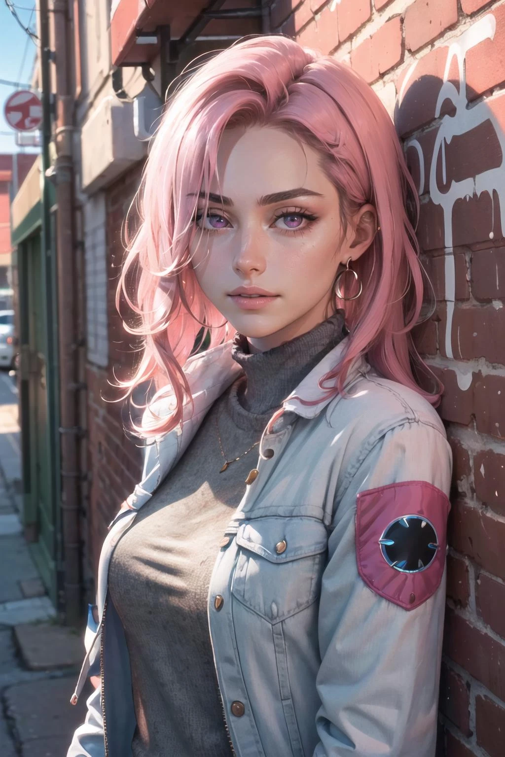 (masterpiece, best quality, 1girl, solo, intricate details, chromatic aberration), realistic, ((medium breath)),long hair, pink hair, red head ornament, pink highlights, hair over one eye,purple eyes, earrings, sharp eyes, choker, neon shirt, torn legwear, open jacket, turtleneck sweater, night,against wall, brick wall, graffiti, dim lighting, alley ,look at viewer, (photorealistic:1.5), (RAW photo, 8k uhd, film grain), beautiful tkd_woman, perfect tkd_face, perfect tkd_body, 