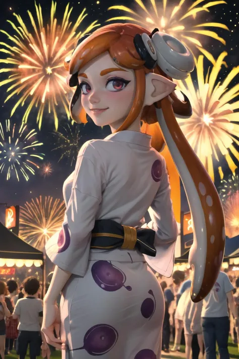 Highly detailed, High Quality, Masterpiece, beautiful, meggy, inkling, tentacle hair, orange hair, splatoon, yukata, furisode, outdoors, festival, summer festival, night, night sky, fireworks, firework background, explosion, smile, happy, arms behind back, black sclera,