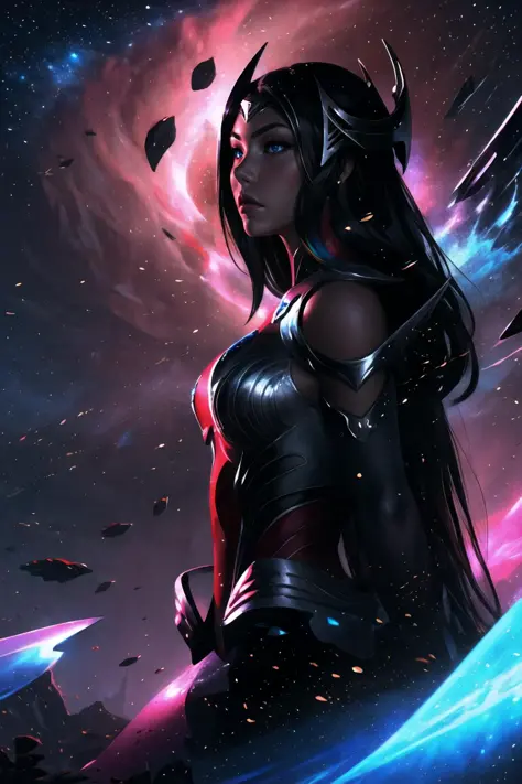 Highly detailed, High Quality, Masterpiece, beautiful, 1girl, solo, Irelia, <lora:Char_LoL_Irelia:0.8>, starry, strry light, night, colorful, cloud, star \(sky\), <lora:Style_LightCoatCG:1>, from side,