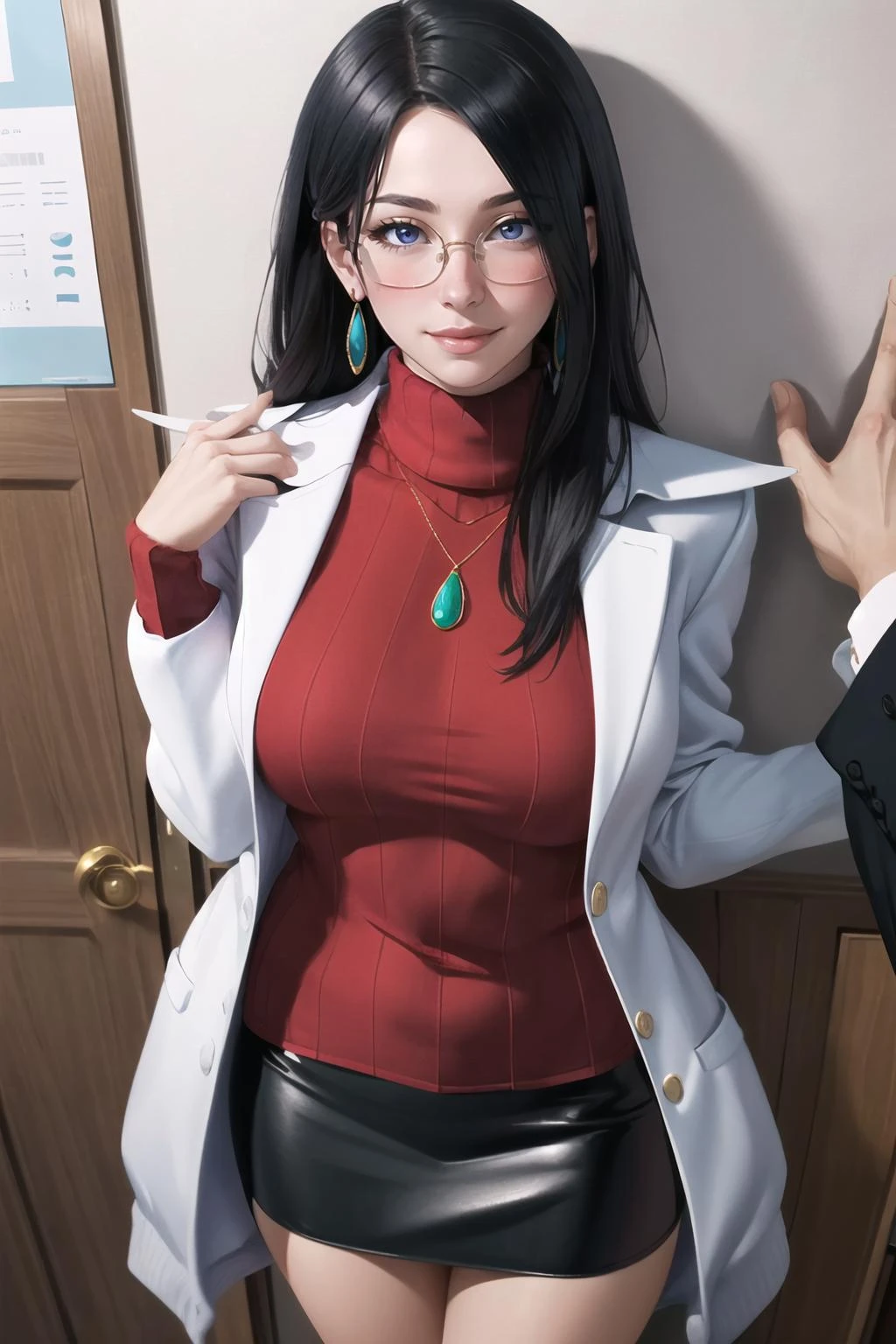 Highly detailed, High Quality, Masterpiece, beautiful, minazukikyouko, glasses, earrings, necklace, (red sweater:1.3), turtleneck, labcoat, black miniskirt, 1girl and 1boy, kabedon pov, looking at viewer, (seductive smile, blush:1.3)