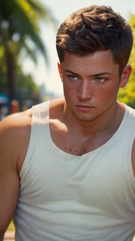 20 yo stud, a handsome boy, masculine, realistic, upper_body, (masterpiece, best quality:1.5), face focus, blurry background, raw photo, wear white tank top, 1man, outdoors, TaronEgerton, taronegerton focus, <lora:Taronegerton:0.7>, faded film, 35mm photo, grainy, vignette, vintage, Kodachrome, Lomography, stained, highly detailed, found footage, broad shoulder, (masterpiece,best quality:1.5)