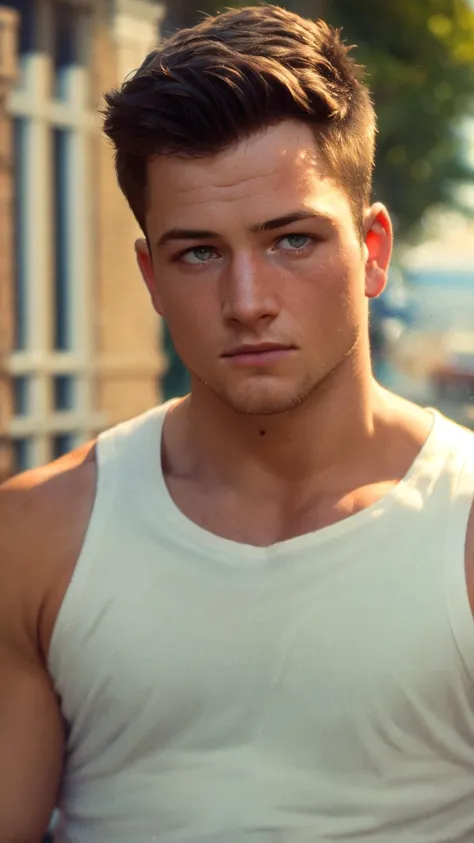 20 yo stud, a handsome boy, masculine, realistic, upper_body, (masterpiece, best quality:1.5), face focus, blurry background, raw photo, wear white tank top, 1man, outdoors, TaronEgerton, taronegerton focus, <lora:Taronegerton:0.7>, faded film, 35mm photo, grainy, vignette, vintage, Kodachrome, Lomography, stained, highly detailed, found footage, broad shoulder, (masterpiece,best quality:1.5)