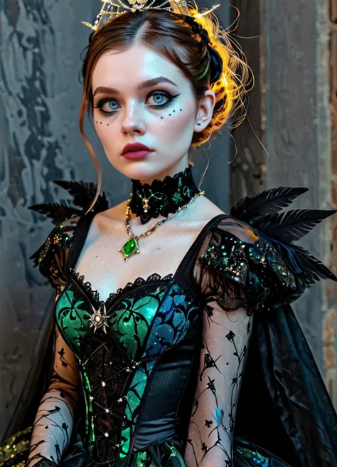 <lora:ip-adapter-faceid-plusv2_sdxl_lora:1>   woman wearing gothic maiden wearing Gothic bride ensemble with a black lace gown, ...