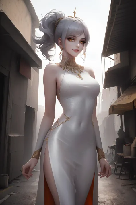 (high quality, best quality, absurdres, highres, masterpiece:1.2), (futuristic egypt, egyptian:1), (adult woman, 1girl, solo, teasing_smile:1.1), (honest lawyer, wearing suit:1), (orange_eyes:1), (silver_hair, short_hair, side_ponytail:1), (skinny body:1), (in eclectic dystopia:1.1), (glorious, perfect, ravishing, perfect, angelic, dazzling:1.35),