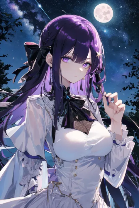 (masterpiece, best quality, novel illustration, novel cover:1.0), 1girl, mature female, tall female,  kafka_hi3, long hair, purple eyes, solo, huge breasts, black hair, dress, bangs,  long sleeves, purple hair, looking at viewer, ribbon, white dress, two-tone dress, black dress, small hair ribbon, tree, night, (night sky, shooting star, sky, starry sky, starry moon:1.2), (character portrait, portrait:1.0),  <lora:kafka_hi3_v7:0.8>