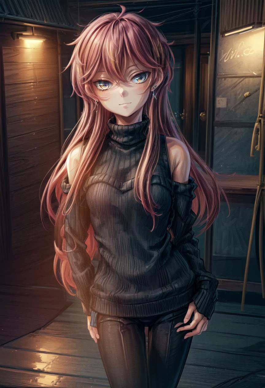 (Highres), (Detailed Illustration), Ultra-Detailed, 8k,highres, CRN1.2, (masterpiece, best quality:1.2), solo, 1girl, seraphina, slight smile, looking at viewer, hand on hip, off-shoulder sweater, black pants, earrings 