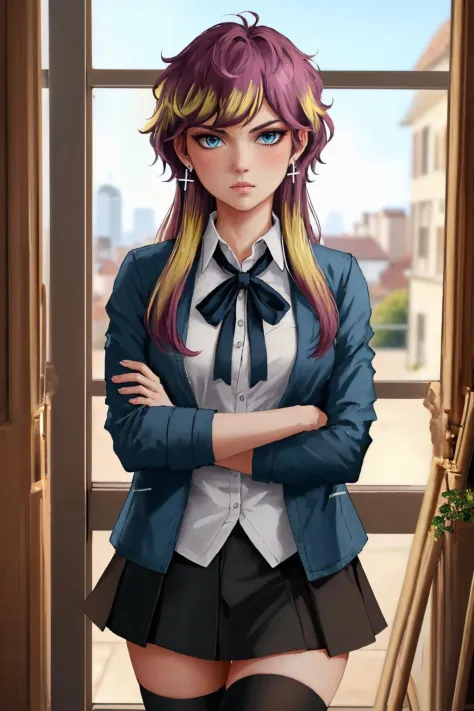 (masterpiece, best quality:1.2), solo, 1girl, seraphina, expressionless, looking at viewer, crossed arms, blue jacket, shirt, ne...