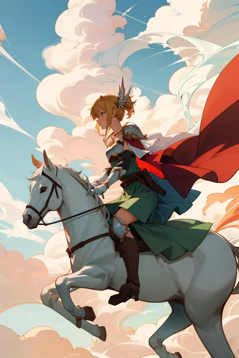 masterpiece, best quality, nanna, hair ornament, necklace, armor, red cape, green dress, belt, white gloves, boots, riding a white horse, from side, sky, clouds<lora:nanna-nvwls-v1-000010:0.9>