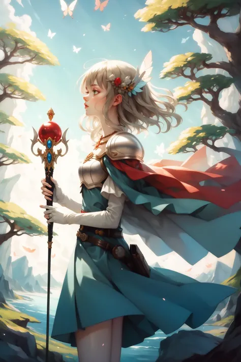 masterpiece, best quality, nanna, hair ornament, necklace, armor, red cape, green dress, belt, white gloves, cowboy shot, sky, b...