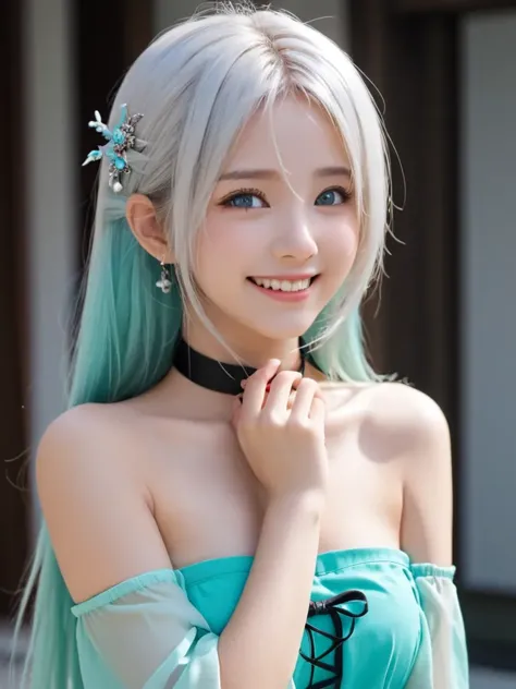 1girl, solo, HQ, :d, aqua eyes, bare shoulders, bell, closed mouth, collar, fang, from side, hair bell, hair between eyes, hair ornament, holding, long hair, looking to the side, neck bell, open mouth, smile, upper body, white hair,