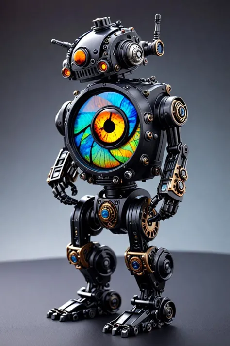 a close up of a robot with a colorful eye on it