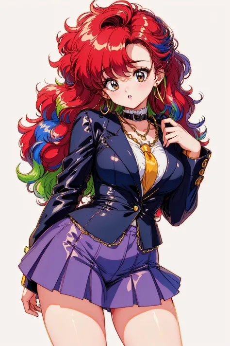 a woman with red hair and a blue jacket is posing