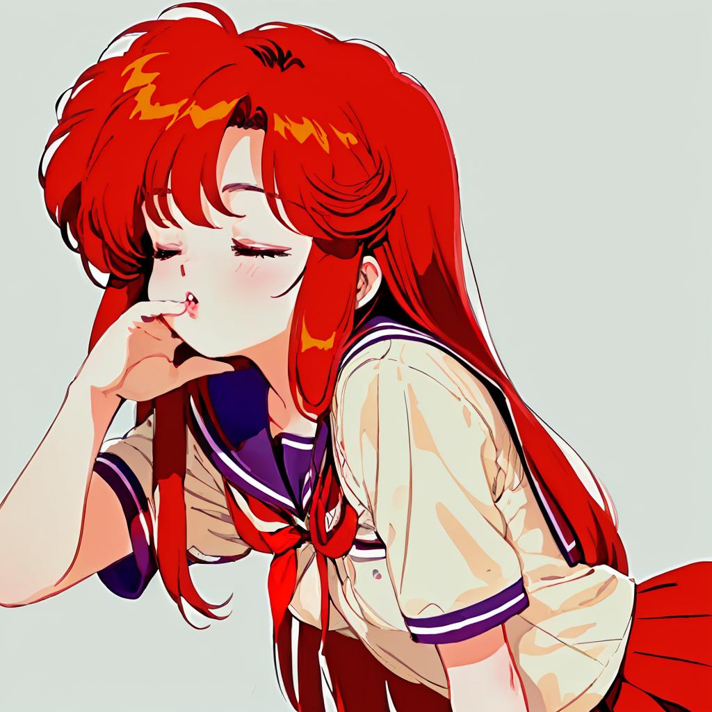 Anime girl with red hair and a red dress leaning on her chin - SeaArt AI