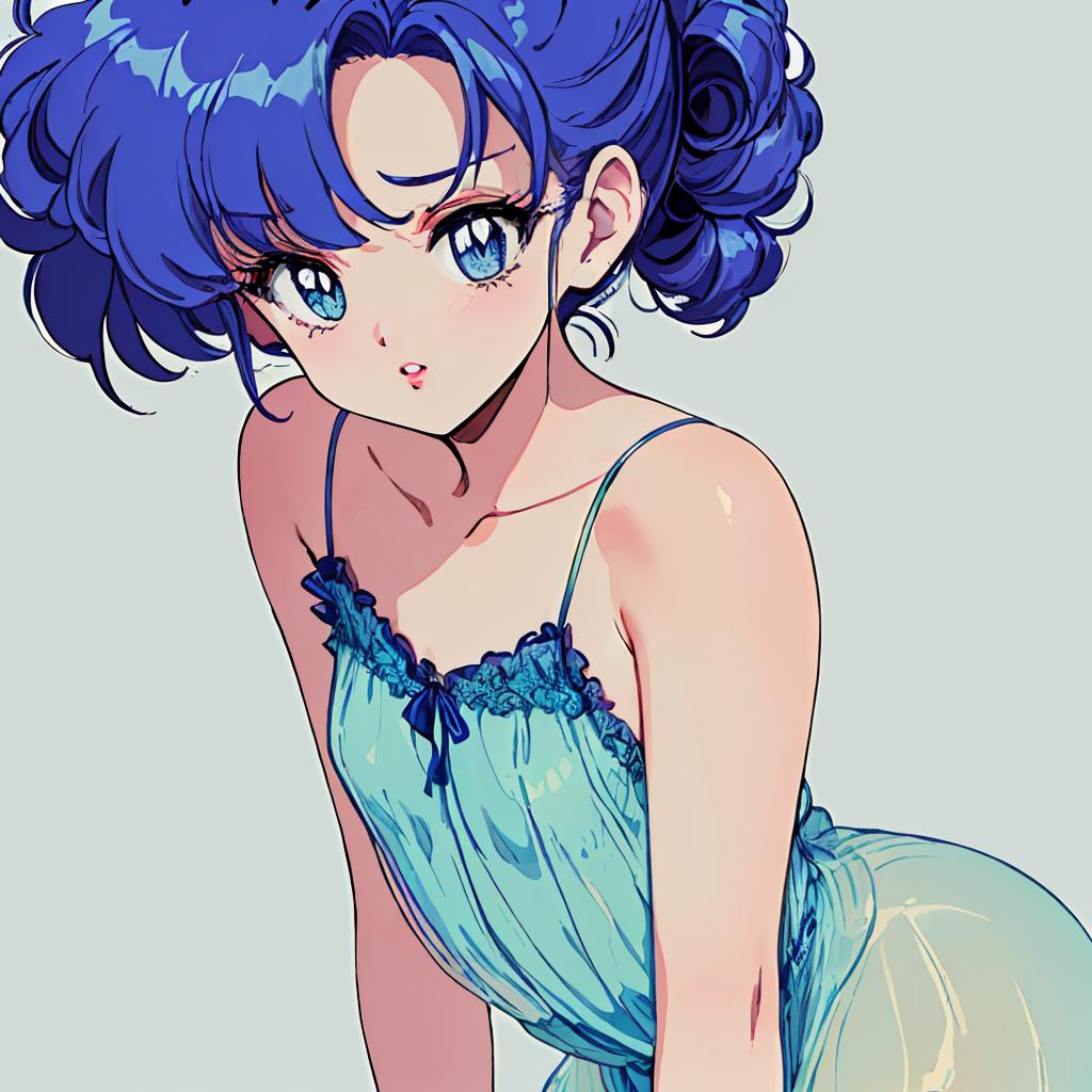 Anime girl with blue hair and blue dress posing for the camera - SeaArt AI