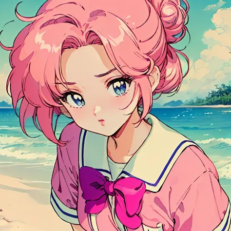 (masterpiece, best quality, anime, retro, realistic, cinematic lighting, hentai, vivid:1.2), (pc98 art style, flat color, low bit color:1.5), (dynamic closeup shot:1.2), (simple beach background:1.2), (mature woman:1.3), (emotionless face:1.3), (school uniform:1.3) (huge breast), (party chignon pink hair), (curvy, thick), (color lips),  sexually suggestive,