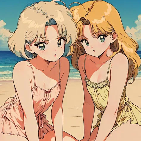 two women in swimsuits sitting on the beach near the ocean