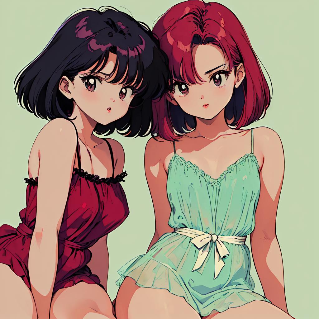 Two anime girls in swimsuits sitting on a bed - SeaArt AI