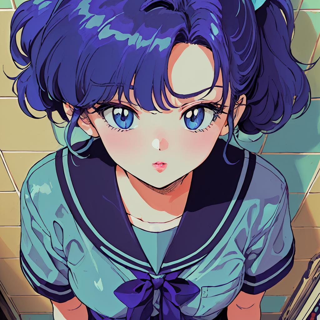 Anime girl with purple hair and purple dress crying in bathroom - SeaArt AI