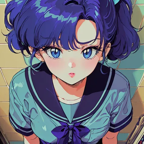 anime girl with blue hair and blue eyes in a bathroom