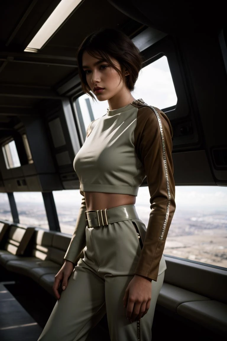 A woman in a leather outfit standing in a train - SeaArt AI