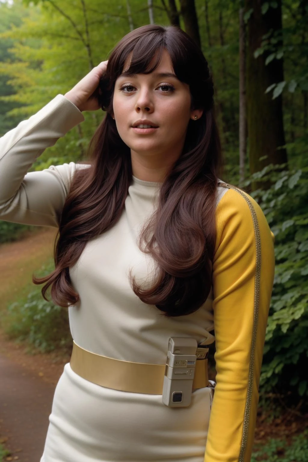 junge Frau mit langen Haaren in S1999UNF-Uniform,gelber linker Ärmel,in einem Wald