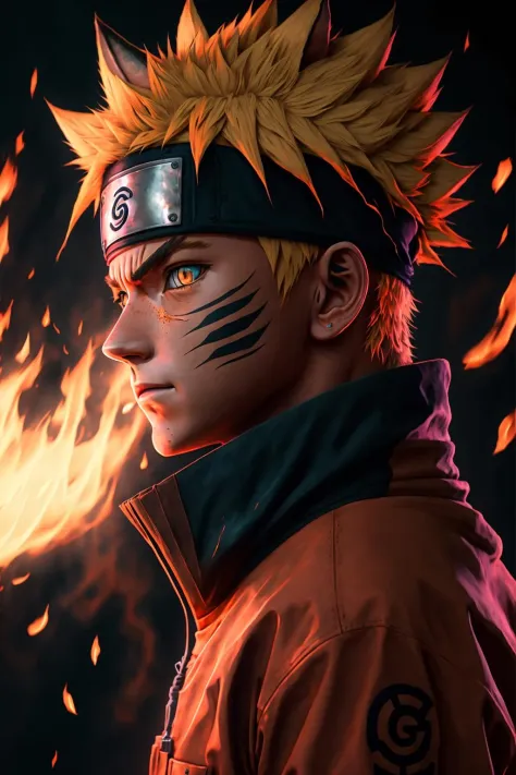 Naruto,1boy, black_background, fire, 9 fox tails,