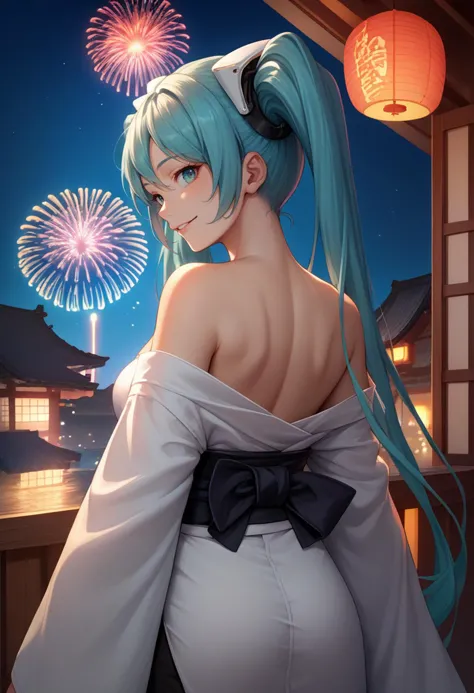 a woman with blue hair and a bow tie is looking out at fireworks