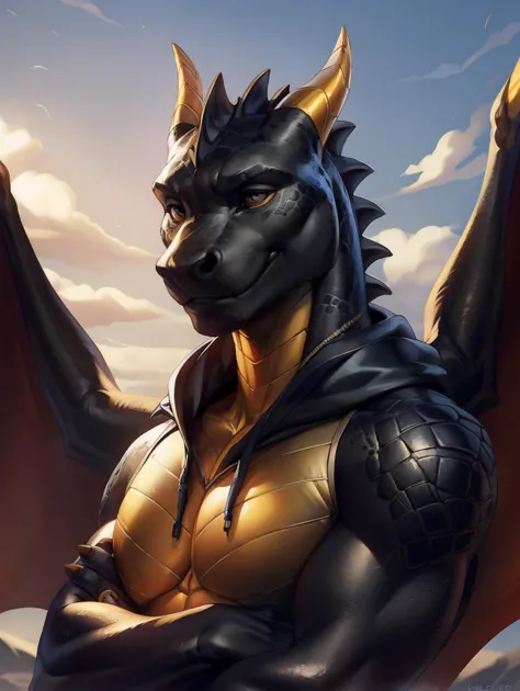 a close up of a dragon with a gold and black outfit