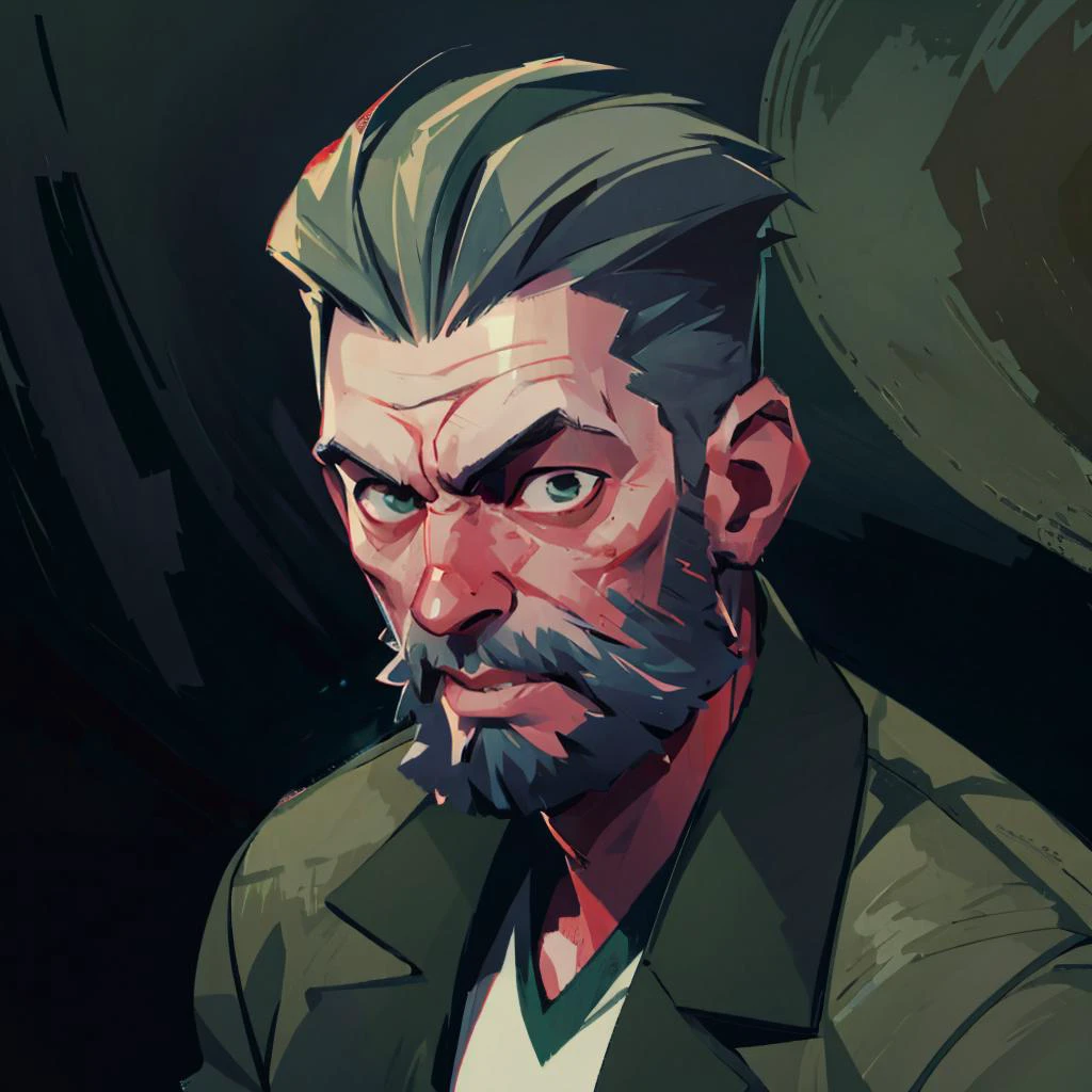 (A_Rostov_Style:0.9), (upper body shot:1.9), (skinny man with round:1.6) in green jacket, alcoholic, swollen face, broken face, short grey hair, beard, flirty dynamic pose, rough brush strokes, soothing tones, calm colors, 