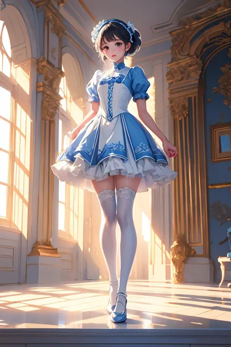 a woman in a blue dress and white stockings is walking on a stage