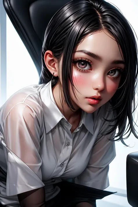 anime girl with black hair and white shirt sitting in a chair