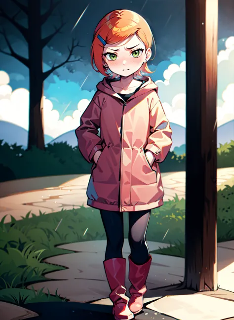 anime girl in a pink coat standing on a sidewalk in the rain